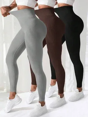 Damen SHEIN 3 Stücke einfarbige Bauchkontroll-Sport-Leggings Workout-Leggings