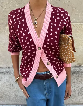 Never Fully Dressed knit V-neck drop shoulder contrast trim cardigan in red deer print