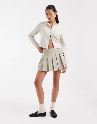 ASOS DESIGN pleated mini skirt in in taupe herringbone