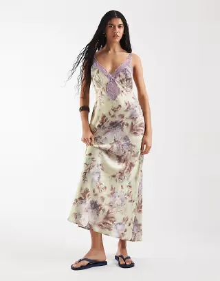 Reclaimed Vintage maxi tea dress with lace inserts in green floral print