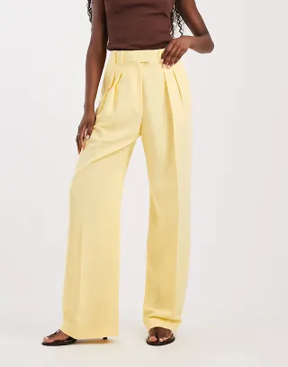 ASOS DESIGN tailored linen look wide leg pants with pleat detail in soft yellow