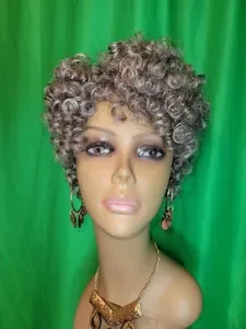 Premium Short Curly Human Hair Wigs: Gray Afro Kinky Wig, Salt & Pepper Pixie Bob, Breathable Stretchy Cap, Lightweight