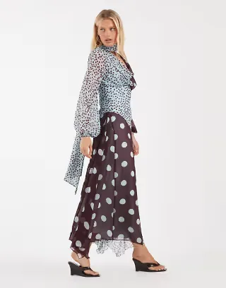 ASOS DESIGN cowl neck maxi dress with scarf detail in blue polka-dot prints