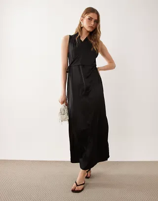 ASOS DESIGN satin wrap top midaxi dress in black