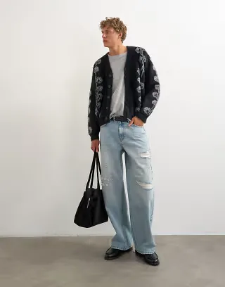 Topman relaxed fit fluffy knit cardigan with floral design in black