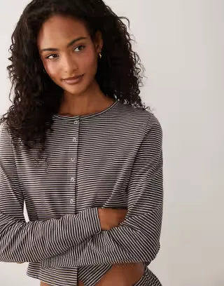 ASOS DESIGN mix & match button down pajama cardigan in brown striped print