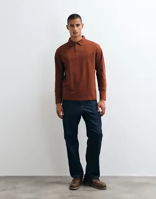 Selected waffle knit long sleeve polo shirt in rust