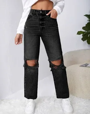 Shein Ripped Raw Cut Straight Leg Jeans
