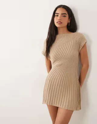 ASOS DESIGN knit cinched pleated mini dress in stone
