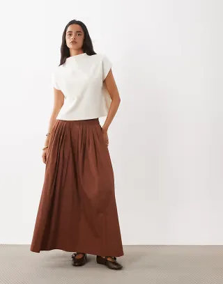 ASOS DESIGN elasticated waist volume midi skirt in brown