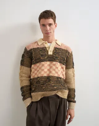 Topman relaxed fit knitted polo with patchwork design in brown