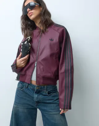 adidas Originals pleather track top in burgundy