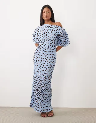 Never Fully Dressed Petite Tilly plissé off the shoulder midaxi dress in light blue deer print