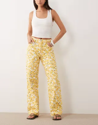 Mango Amalfi 100% cotton straight jeans in yellow floral print