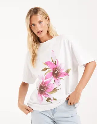 ASOS DESIGN oversized T-shirt with pink flower graphic in white