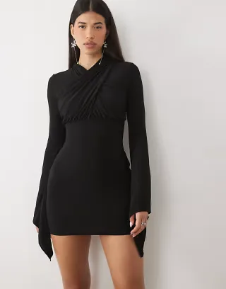 ASOS DESIGN exaggerated sleeve high neck cross neck mini dress in black
