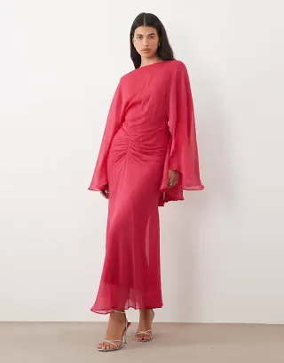 ASOS DESIGN long angel sleeve maxi dress with ruched waist in raspberry