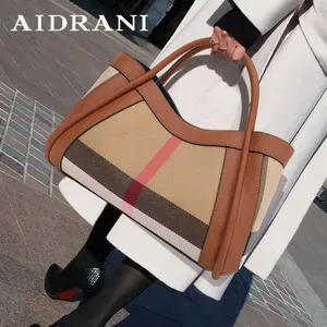 Aidrani Womens Canvas & Genuine Leather Handbag - Large Capacity Retro Checkered Designer Tote