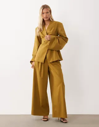 ASOS LUXE blazer with pleated sleeve detailing and tailored wide leg pants set in mustard