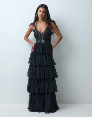 Lace & Beads embellished plunge neck cami flutter sleeve tiered skirt maxi dress in black
