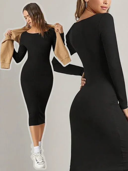 SHEIN Black Bodycon Midi Dress Women's Wedding Guest Cocktail Slim Fit Long Sleeve Boat Neck Pencil Hem Solid Casual For