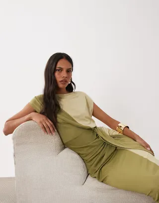 ASOS DESIGN color block short sleeve top with drape tie front in khaki - part of a set
