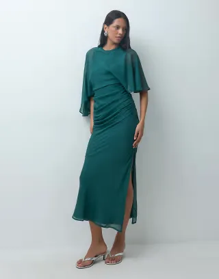 ASOS DESIGN maxi chiffon dress with asym sleeves in dark green