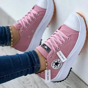 Women Black White Classic Star Logo Platform Sneakers, Lace-up Low-top Canvas Thick Sole Casual Streetwear Shoes