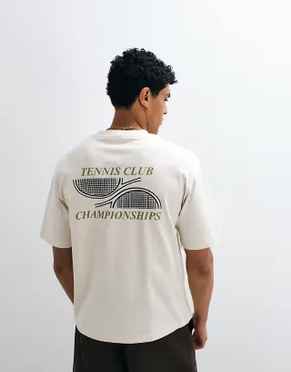 Selected heavyweight boxy fit T-shirt with green tennis club backprint in cream