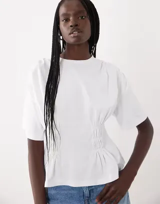 ASOS DESIGN shirred waist dropped shoulder T-shirt in ecru
