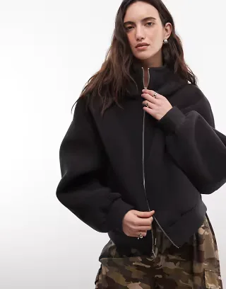 Weekday oversized funnel neck bonded fleece zip hoodie in black