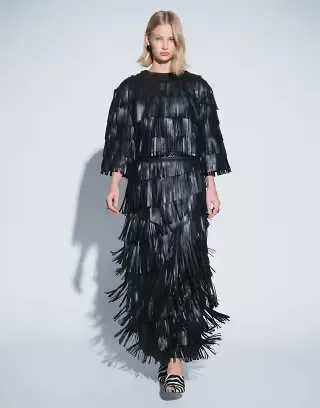 ARRANGE leather fringe maxi skirt in black