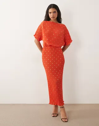 Never Fully Dressed Tilly off shoulder plisse maxi dress in red