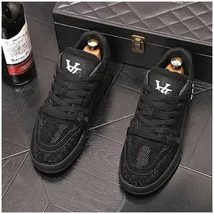 Brand Men's Leather Lace-Up Sneakers - Waterproof Casual Shoes with Rhinestone Appliques, Breathable EVA Insole, Rubber