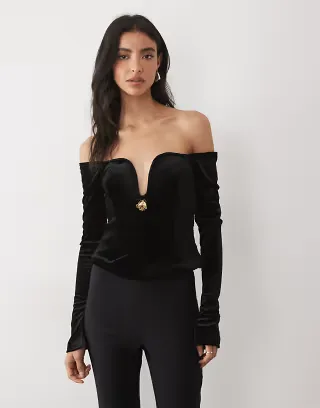 ASOS DESIGN velvet off the shoulder structured top in black with rose trim detail