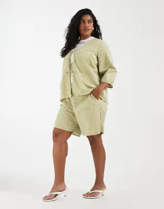 Vero Moda Curve high rise shorts in green gingham print - part of a set