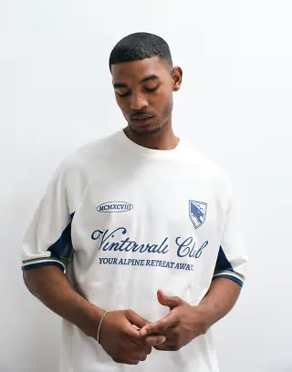 ASOS DESIGN oversized cut and sew T-shirt with football graphic in cream