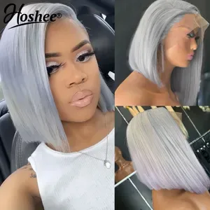 13x4 Silver Grey Short Bob Human Hair Wigs For Women Brazilian HD Transparent Straight Glueless Synthetic Lace Frontal W