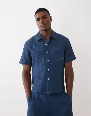 Farah Olsen short sleeve textured logo shirt in navy - part of a set