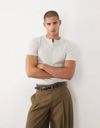 ASOS DESIGN muscle fit t-shirt with henley neck in gray heather rib