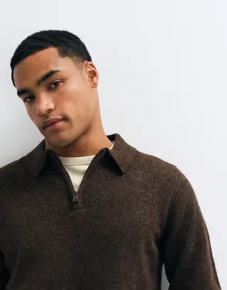 Threadbare classic 1/4 zip knitted polo in chocolate