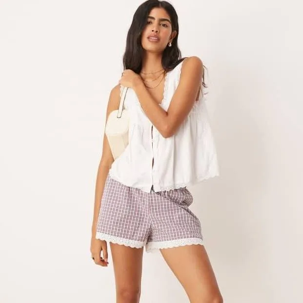 ASOS ASOS DESIGN lace trim shorts in multi check - Multi Check - L - UK 16-18
