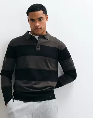 Brave Soul polo knit sweater in black and gray stripe