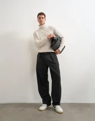 Topman wide leg belted pinstripe trouser with pleats in gray