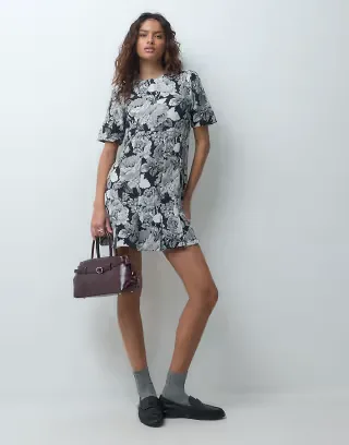 ASOS DESIGN crew neck t-shirt mini dress with pleated hem in gray tapestry