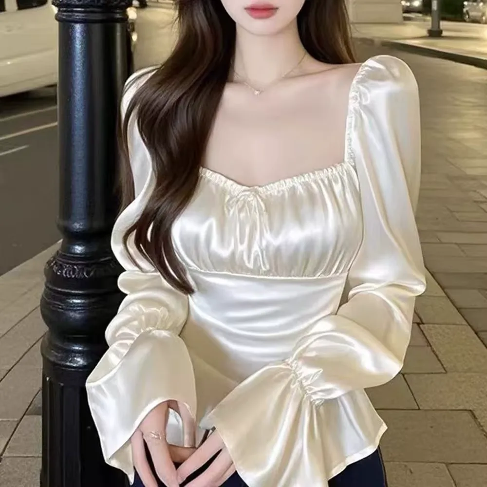 French Celebrity Apricot Square Neck Satin Long Sleeve Shirt Women's Premium Muse Fan Slim Skinny Short Top