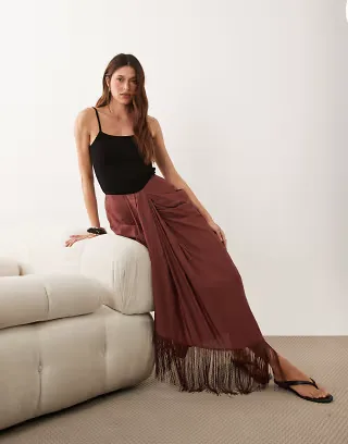 ASOS DESIGN sarong detail fringe maxi skirt in brown - part of a set