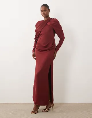 ASOS DESIGN cross neck gathered maxi dress with draped sleeves in berry