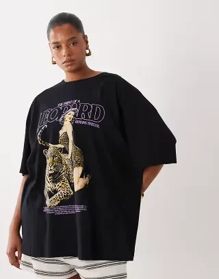 ASOS DESIGN Curve oversized T-shirt with Leopard graphic in black