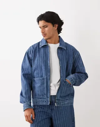 ASOS DESIGN striped denim jacket in mid wash blue - part of a set